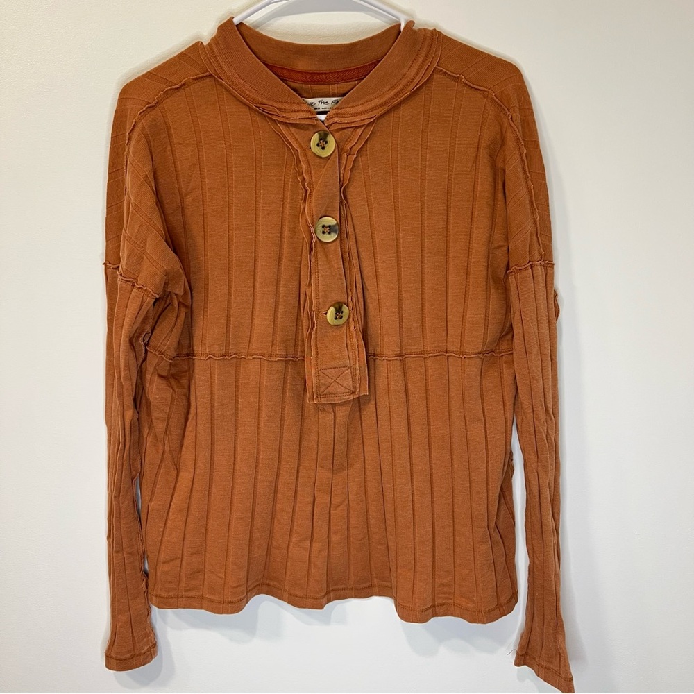Free People In the Mix Henley Ribbed Long Sleeve Shirt in Horizon Orange XS